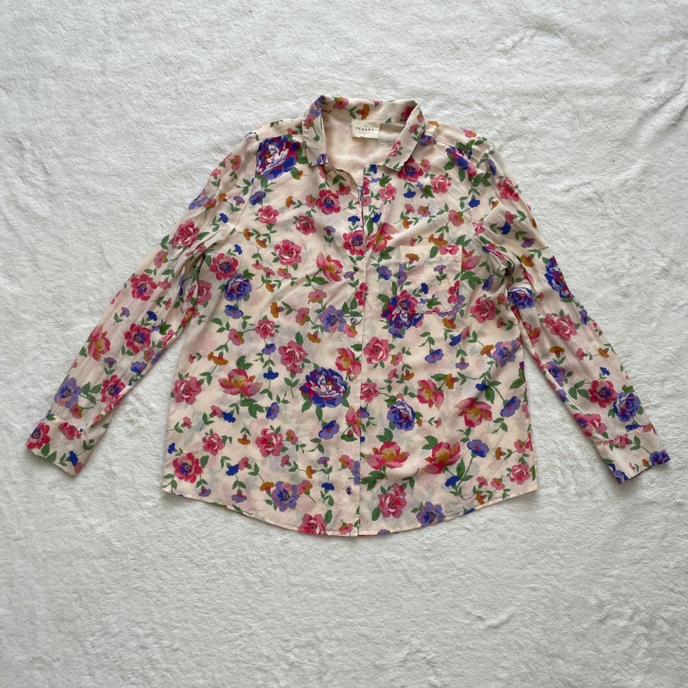 Sezane Florence Chemise Monday Floral Blouse 100% Silk Cream Multi Size 42
